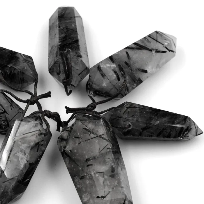 Natural Black Tourmaline Rutilated Quartz Pendant Hand Cut Double Terminated Pendant Side Drilled Designer Tower Point Pendant Bead Intrinsic Trading Necklaces