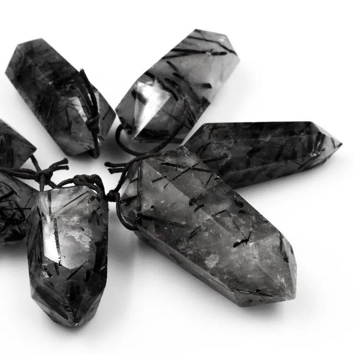 Natural Black Tourmaline Rutilated Quartz Pendant Hand Cut Double Terminated Pendant Side Drilled Designer Tower Point Pendant Bead Intrinsic Trading Necklaces