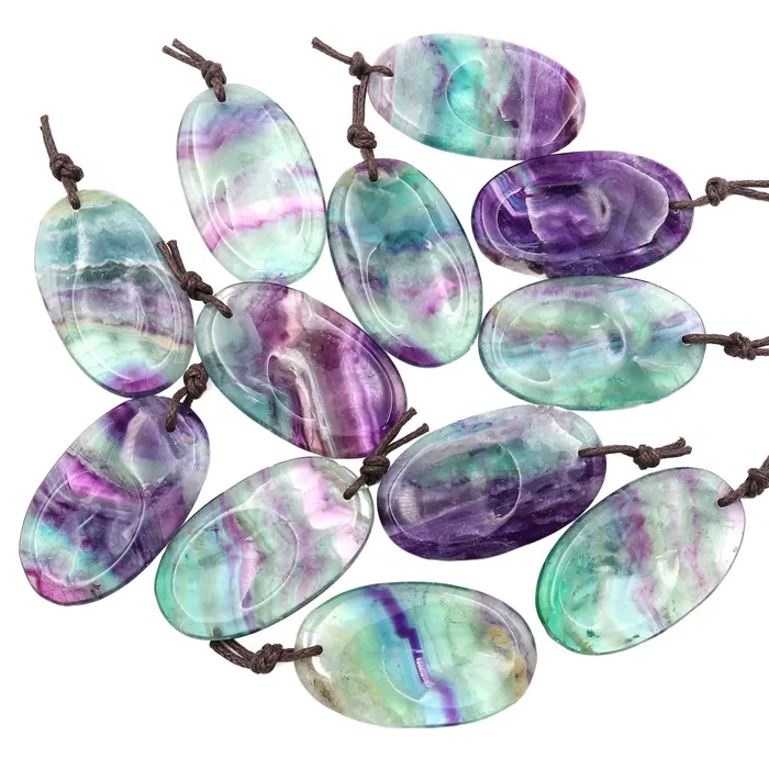 Natural Rainbow Fluorite Pendant Indented Oval Focal Worry Stone Bead Intrinsic Trading Necklaces