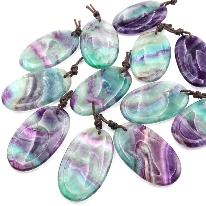Natural Rainbow Fluorite Pendant Indented Oval Focal Worry Stone Bead Intrinsic Trading Necklaces