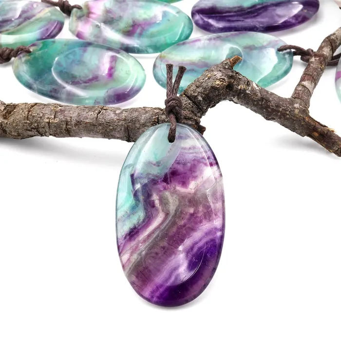 Natural Rainbow Fluorite Pendant Indented Oval Focal Worry Stone Bead Intrinsic Trading Necklaces