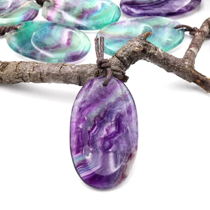 Natural Rainbow Fluorite Pendant Indented Oval Focal Worry Stone Bead Intrinsic Trading Necklaces