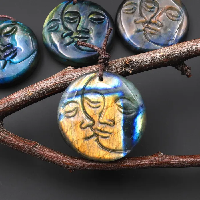Necklaces AAA Fiery Hand Carved Natural Labradorite Sun and Moon Face Pendant Gemstone Focal Bead A3 Intrinsic Trading Necklaces AAA Fiery Hand Carved Natural Labradorite Sun and Moon Face Pendant Gemstone Focal Bead A3 Intrinsic Trading