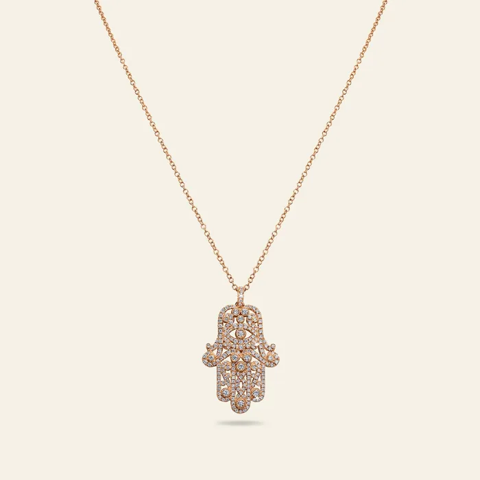 Necklaces Hamsa Diamond Necklace Hand crafted in 18k rose gold and set with 194 highquality round brilliant cut diamonds Necklaces Hamsa Diamond Necklace Hand crafted in 18k rose gold and set with 194 highquality round brilliant cut diamonds