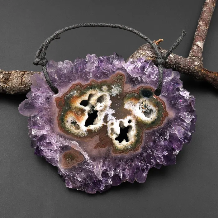 Necklaces Intrinsic Trading 2 Hole Pendant Natural Amethyst Stalactite Flower Pendant Flat Slice Freeform One of a Kind P0129 Necklaces Intrinsic Trading 2 Hole Pendant Natural Amethyst Stalactite Flower Pendant Flat Slice Freeform One of a Kind P0129