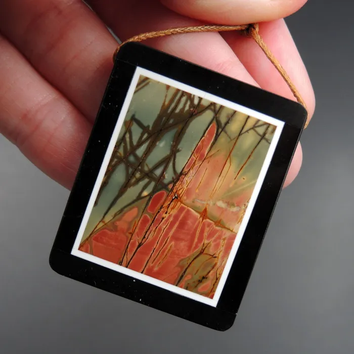 Necklaces Intrinsic Trading Intarsia Pendant Natural Red Creek Jasper W Black Onyx Inlay Side Drilled Rectangle Pendant Multi Color Picasso Jasper Picture Frame P1636