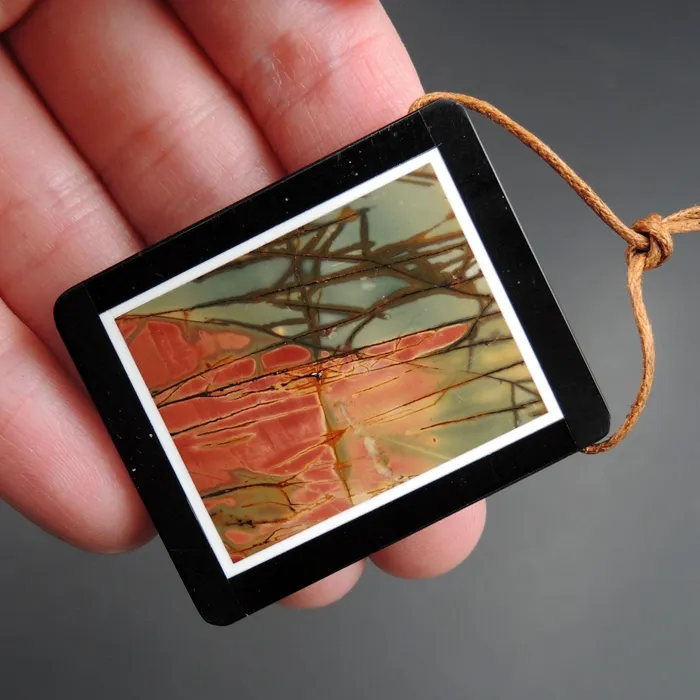 Necklaces Intrinsic Trading Intarsia Pendant Natural Red Creek Jasper W Black Onyx Inlay Side Drilled Rectangle Pendant Multi Color Picasso Jasper Picture Frame P1636