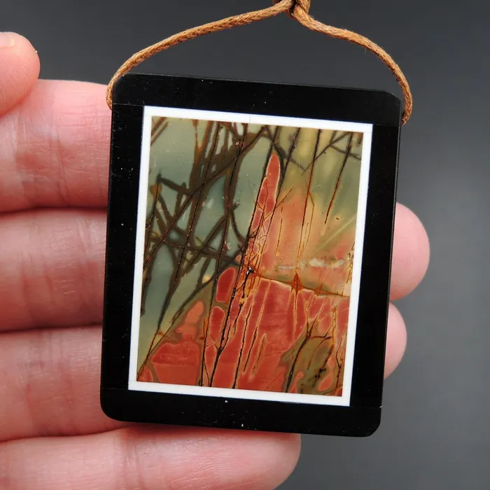 Necklaces Intrinsic Trading Intarsia Pendant Natural Red Creek Jasper W Black Onyx Inlay Side Drilled Rectangle Pendant Multi Color Picasso Jasper Picture Frame P1636