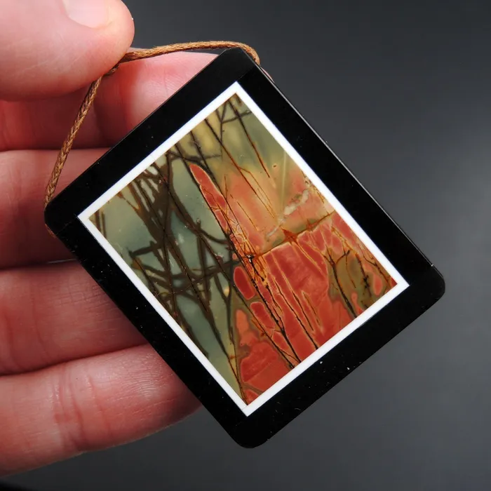 Necklaces Intrinsic Trading Intarsia Pendant Natural Red Creek Jasper W Black Onyx Inlay Side Drilled Rectangle Pendant Multi Color Picasso Jasper Picture Frame P1636