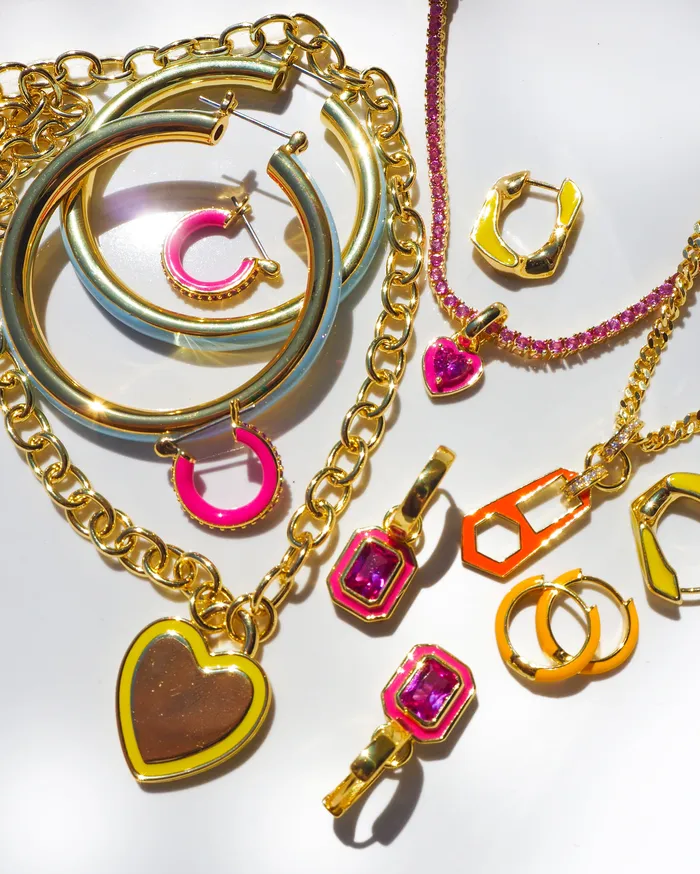 Necklaces Luv Aj Mini Ballier Necklace with Heart Charm Hot Pink Gold Necklaces Luv Aj Mini Ballier Necklace with Heart Charm Hot Pink Gold