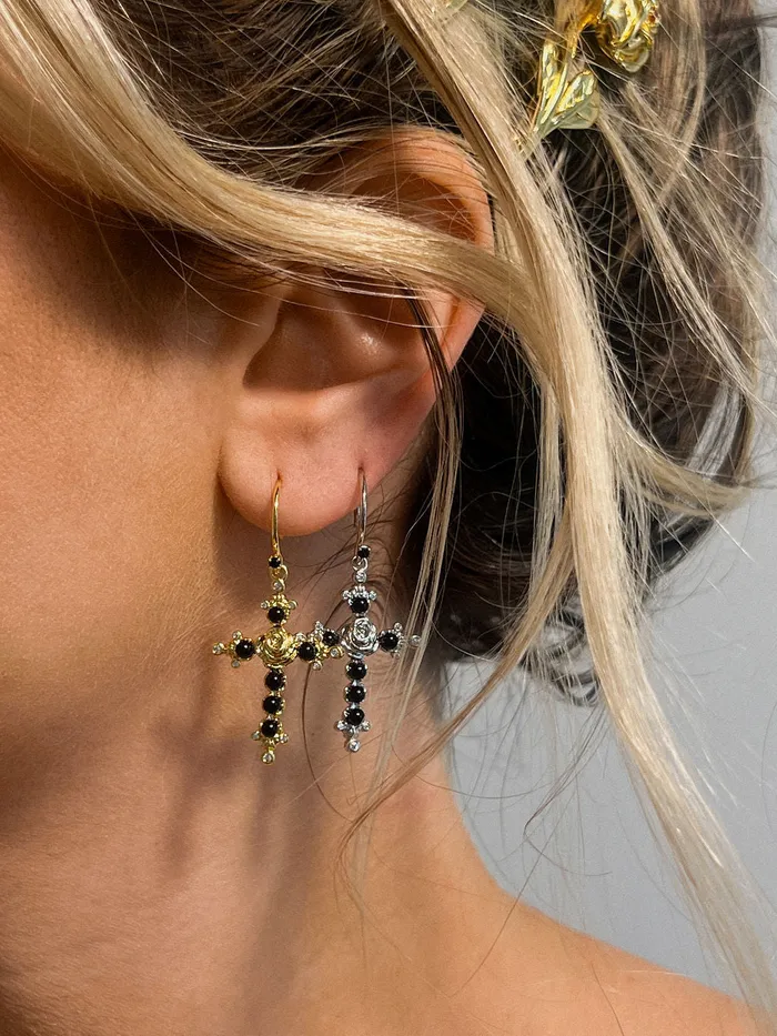 Onyx Rose Cross Hoops Silver Luv Aj Earrings Onyx Rose Cross Hoops Silver Luv Aj Earrings