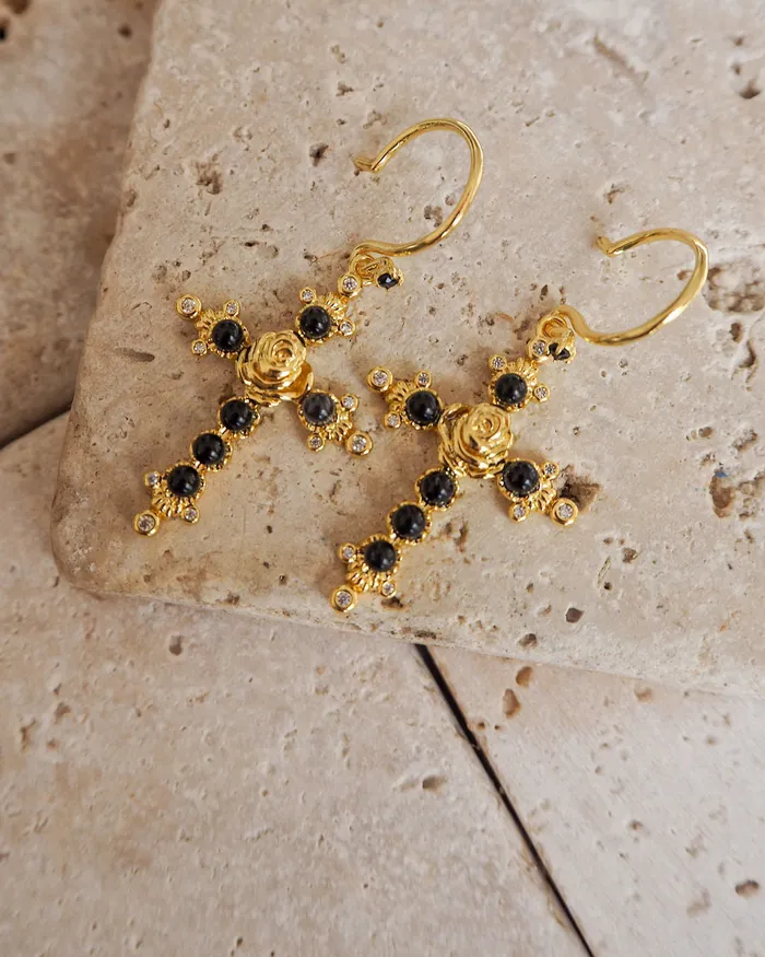 Onyx Rose Cross Hoops Silver Luv Aj Earrings Onyx Rose Cross Hoops Silver Luv Aj Earrings