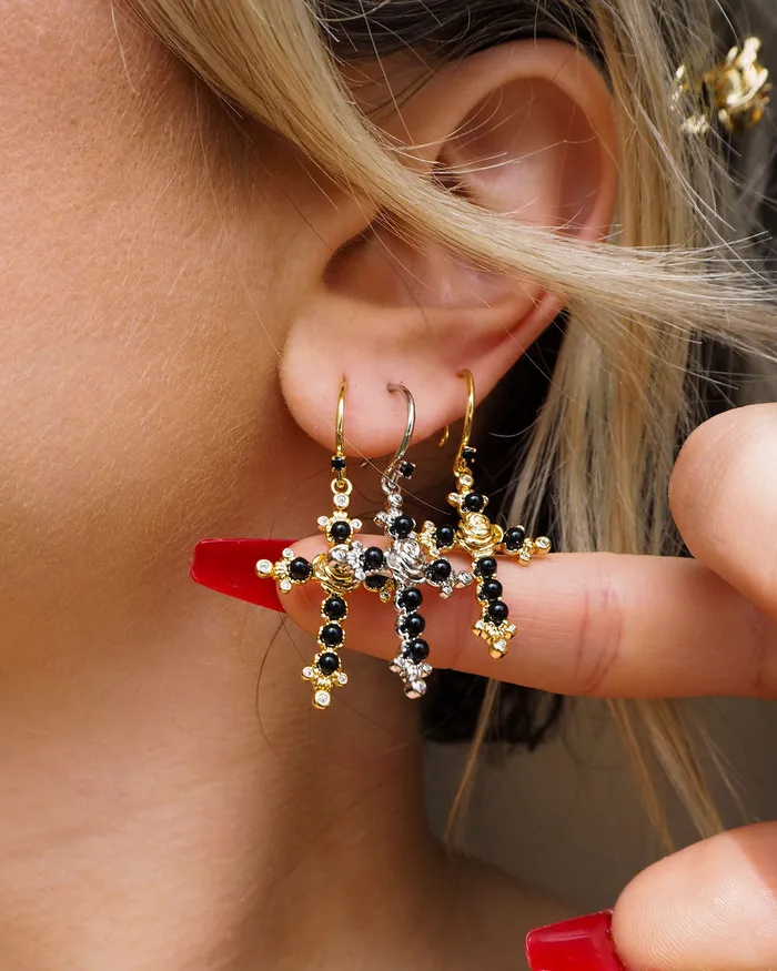 Onyx Rose Cross Hoops Silver Luv Aj Earrings Onyx Rose Cross Hoops Silver Luv Aj Earrings