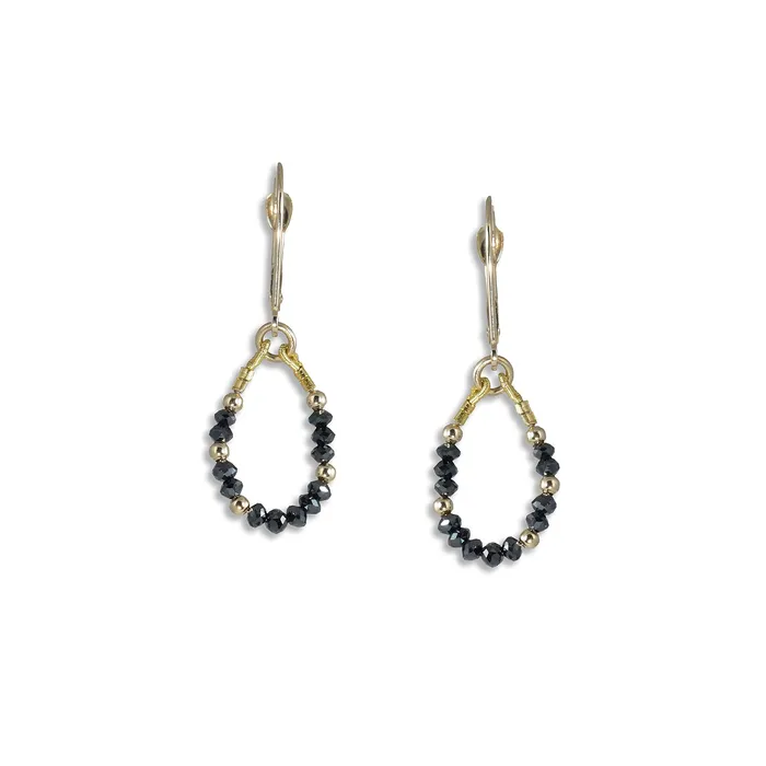 Q Evon Earrings 14k Gold Bead and Black Diamond Asymmetrical Earrings