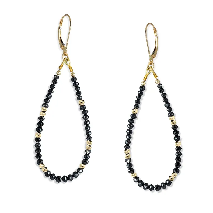 Q Evon Earrings 14k Gold Bead and Black Diamond Asymmetrical Earrings