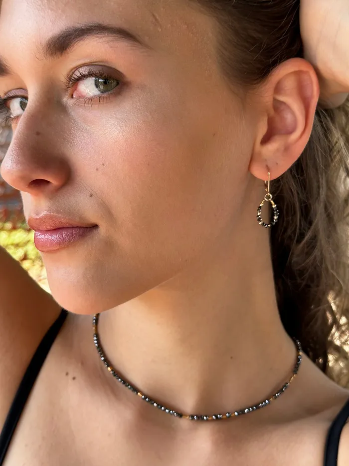 Q Evon Earrings 14k Gold Bead and Black Diamond Asymmetrical Earrings