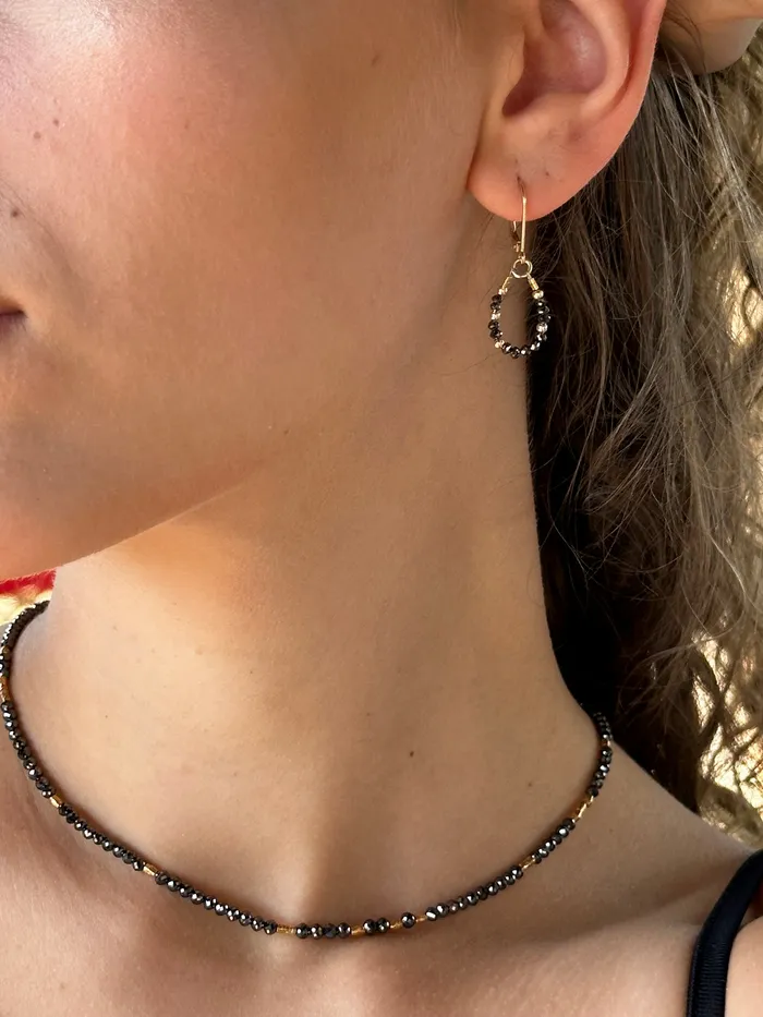 Q Evon Earrings 14k Gold Bead and Black Diamond Asymmetrical Earrings
