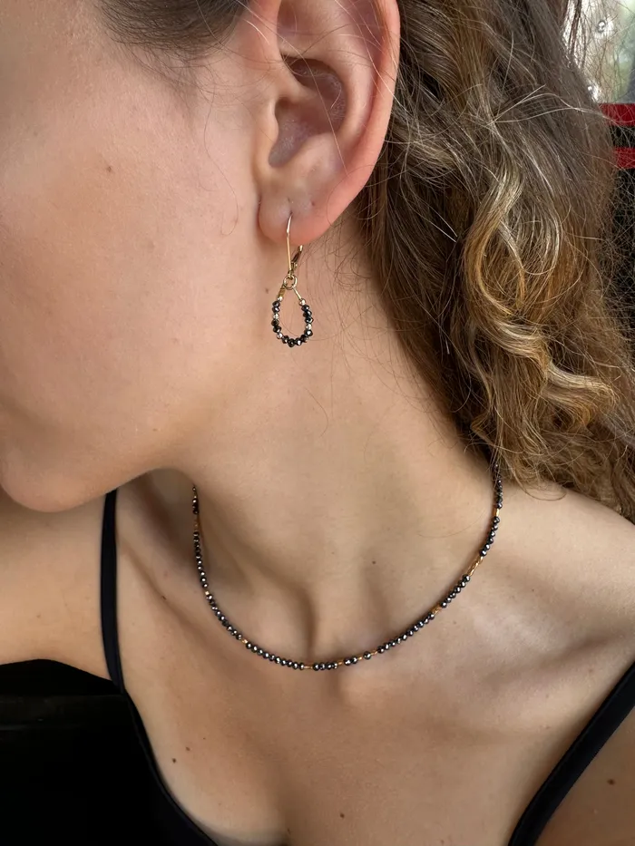 Q Evon Earrings 14k Gold Bead and Black Diamond Asymmetrical Earrings