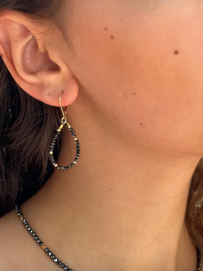 Q Evon Earrings 14k Gold Bead and Black Diamond Asymmetrical Earrings