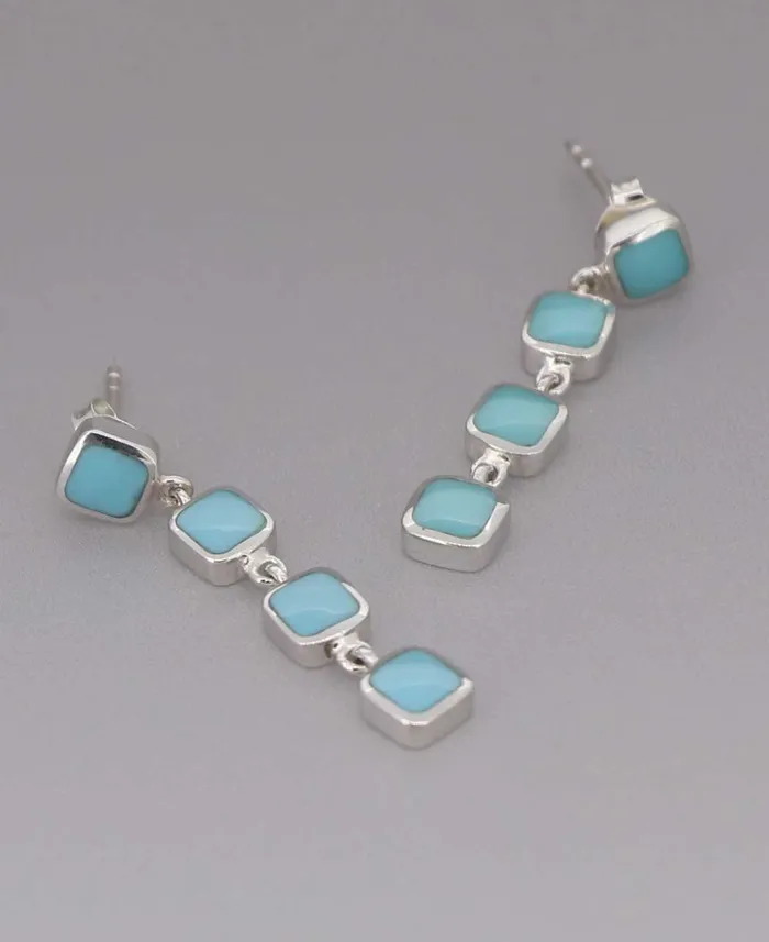 Quadruple Turquoise Square Sterling Silver Dangle Earrings Buddha Groove Earrings