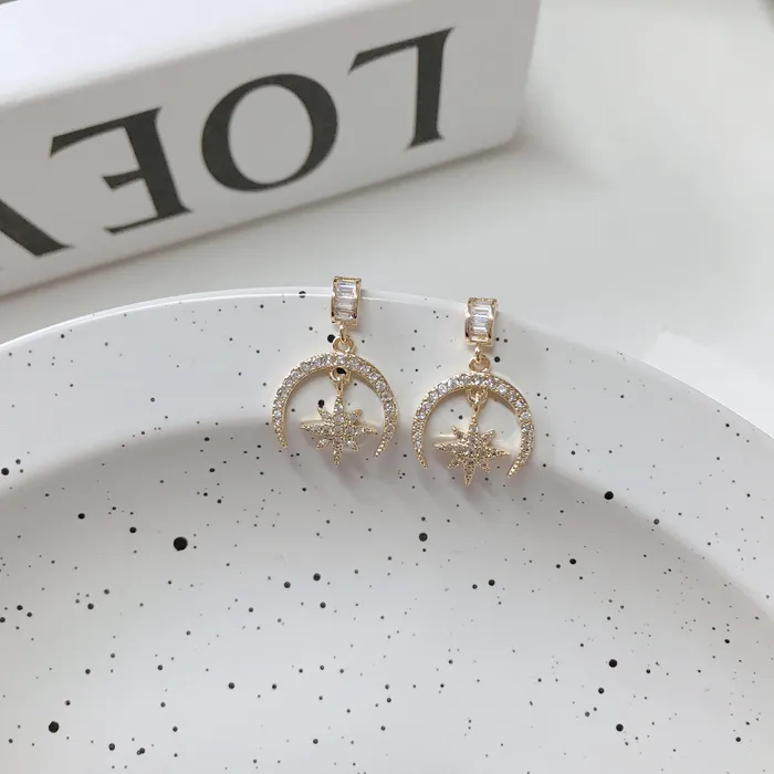 Refined by AnnaKaci Earrings Gold Moon and Star Pendant Earring