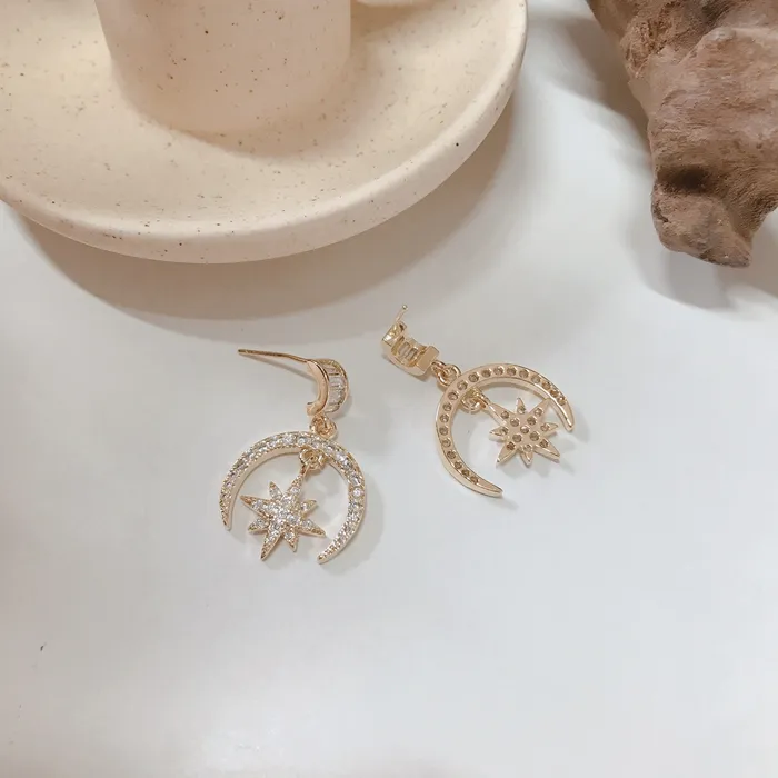 Refined by AnnaKaci Earrings Gold Moon and Star Pendant Earring Refined by AnnaKaci Earrings Gold Moon and Star Pendant Earring