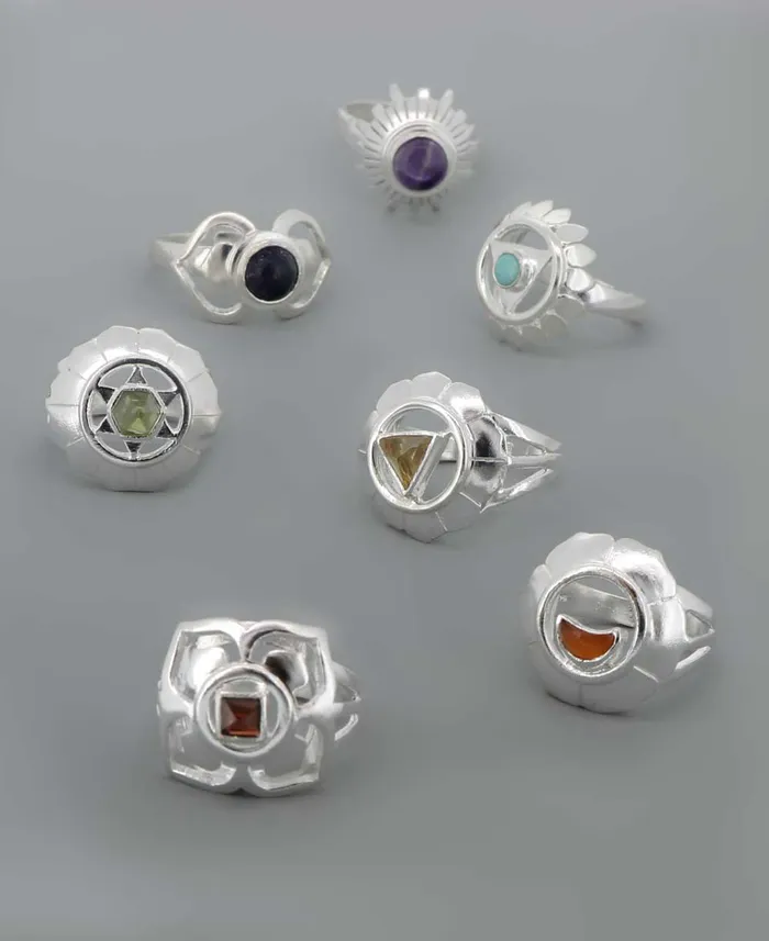 Rings Buddha Groove Sterling Silver and Gemstone Adjustable Chakra Rings Sold Individually